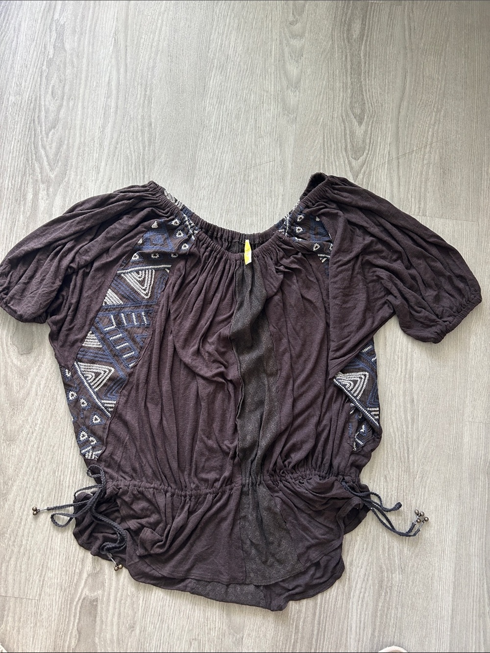 Free People Grey Boho Peasant Tunic with Navy Patterned Insets